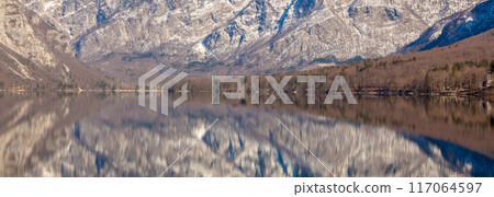Mountain lake with reflection. Lake Bohinj, Slovenia Mountain lake with reflection. Lake Bohinj, Slovenia 117064597
