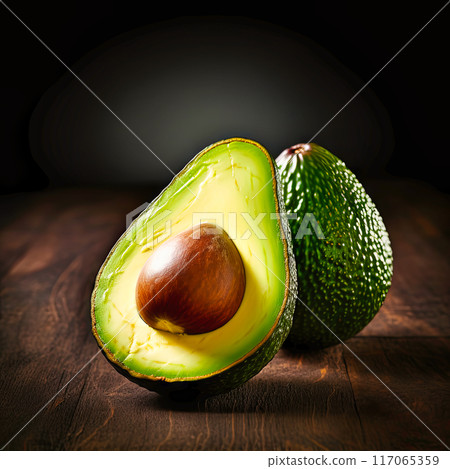 Halved Avocado With Leaf 117065359