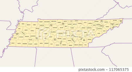 Tennessee, subdivided into 95 counties, political map with borders and county names. Landlocked state in the Southeastern region of the United States, nicknamed The Volunteer State. Illustration Tennessee, subdivided into 95 counties, political map with borders and county names. Landlocked state in the Southeastern region of the United States, nicknamed The Volunteer State. Illustration 117065375