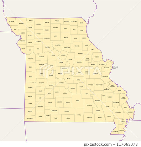 Missouri, subdivided into 114 counties and the independent city St. Louis, political map. State in the Midwestern region of United States, nicknamed Show Me State, Cave State, and Mother of the West. Missouri, subdivided into 114 counties and the independent city St. Louis, political map. State in the Midwestern region of United States, nicknamed Show Me State, Cave State, and Mother of the West. 117065378