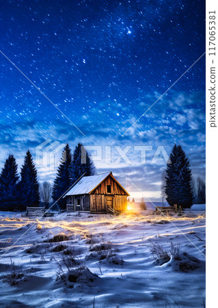 Snow-Covered River Under Starry Sky 117065381