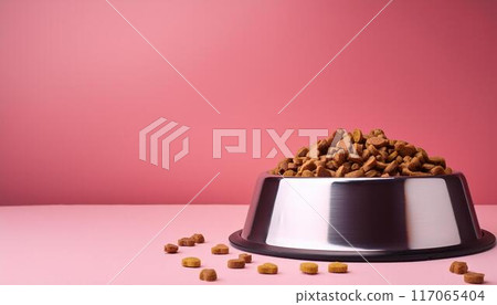 Dog food in a metal dog bowl with copy space 117065404