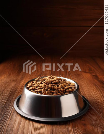 Dog food in a metal dog bowl with copy space Dog food in a metal dog bowl with copy space 117065432