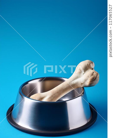 Bone in a metal dog dish with copy space 117065527