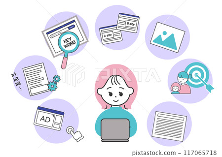 一組網路女性和部落格工作圖標 一組網路女性和部落格工作圖標 117065718