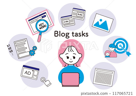 一組帶有文字的女性和部落格工作圖標 117065721