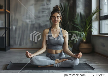 AI-generated item.Young woman practicing yoga at home, sitting in lotus position.	 117065993