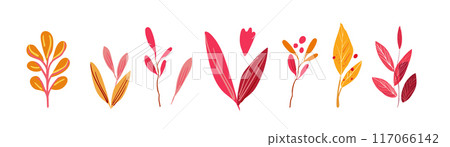 Set of autumn plants and folk flowers. Simple branches with yellow leaves and red berries on a white background. Hand drawn. Flat vector Set of autumn plants and folk flowers. Simple branches with yellow leaves and red berries on a white background. Hand drawn. Flat vector 117066142