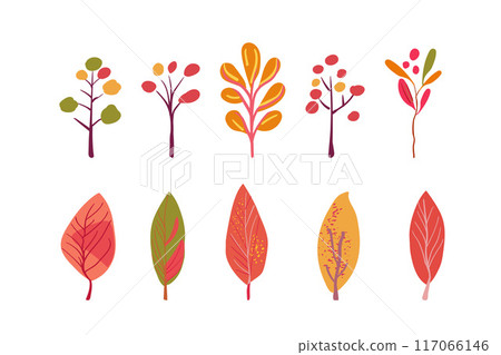 Autumn set. Folk plants. Pink, orange and yellow trees. Simple branches with red berries and leaves on a white background. Hand drawn. Isolated Flat vector 117066146