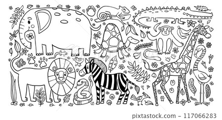 A playful jungle set coloring page featuring a variety of animals like elephant, lion, giraffe, and more, surrounded by flora and fauna, perfect for childrens educational activities. 117066283
