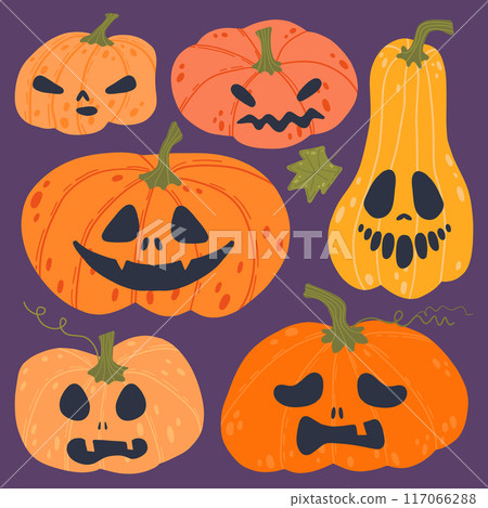 A collection of illustrated Halloween pumpkins with various spooky and funny faces on a dark purple background. Each pumpkin has a unique expression, perfect for festive autumn and Halloween designs A collection of illustrated Halloween pumpkins with various spooky and funny faces on a dark purple background. Each pumpkin has a unique expression, perfect for festive autumn and Halloween designs 117066288