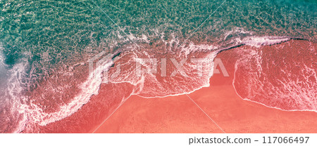 Sandy sea coast. Sea surf on the sandy beach. View from above Sandy sea coast. Sea surf on the sandy beach. View from above 117066497