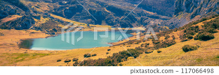 Beautiful mountain landscape. Peaks of Europe (Picos de Europa) National Park. A glacial Lake Ercina. Asturias, Spain, Europe. Horizontal banner Beautiful mountain landscape. Peaks of Europe (Picos de Europa) National Park. A glacial Lake Ercina. Asturias, Spain, Europe. Horizontal banner 117066498