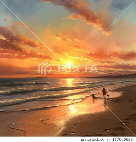Beautiful sunset at the beach. Illustration. Digital painting 117066628