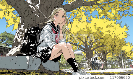 A high school girl sits under a colorful ginkgo tree on her way to school 117066630