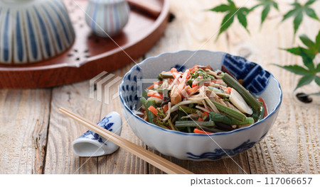 Boiled wild vegetables (bracken, potato stems, nameko mushrooms, princess bamboo, wood ear mushrooms, enoki mushrooms, carrots) Boiled wild vegetables (bracken, potato stems, nameko mushrooms, princess bamboo, wood ear mushrooms, enoki mushrooms, carrots) 117066657