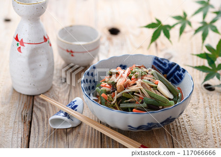 Boiled wild vegetables (bracken, potato stems, nameko mushrooms, princess bamboo, wood ear mushrooms, enoki mushrooms, carrots) Boiled wild vegetables (bracken, potato stems, nameko mushrooms, princess bamboo, wood ear mushrooms, enoki mushrooms, carrots) 117066666