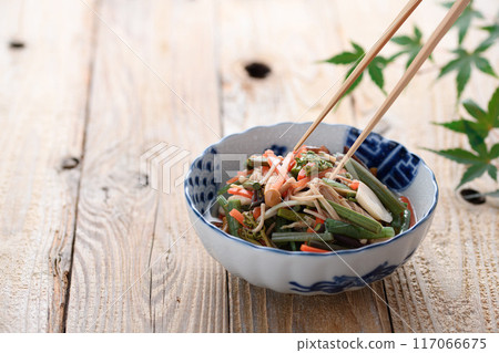 Boiled wild vegetables (bracken, potato stems, nameko mushrooms, princess bamboo, wood ear mushrooms, enoki mushrooms, carrots) 117066675