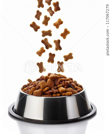Dog food falling into a dog bowl 117067279