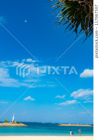 Beautiful blue sky in Okinawa, winter kite flying on the beach 117067507
