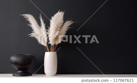 Vase with decorative plant branch against black wall background. Minimalist interior mockup. Generative AI 117067621