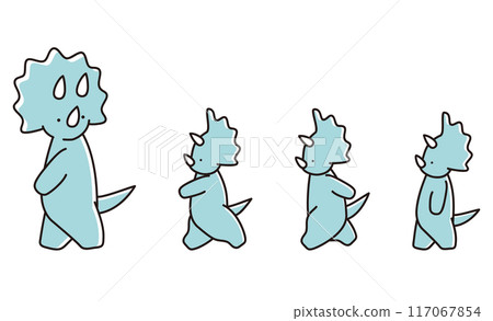 Illustration of a baby triceratops walking side by side to the left and a triceratops looking back 117067854