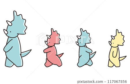 Illustration of a triceratops and a baby triceratops walking side by side to the left 117067856