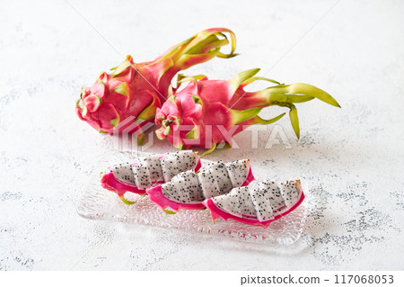 Dragon fruit served in a glass bowl Dragon fruit served in a glass bowl 117068053