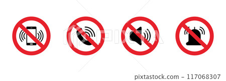 Silent mode set icon. Forbidden sign. Turn off sound pictogram. Prohibited signs for public place. Vector 117068307