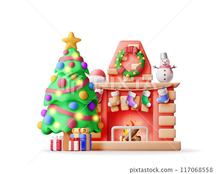 3D red brick new year fireplace isolated. 3D red brick new year fireplace isolated. 117068558