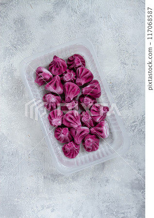 freshly frozen beetroot khinkali, in a container, top view, no people, freshly frozen beetroot khinkali, in a container, top view, no people, 117068587