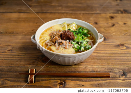 Pickled plum, natto, grated yam, okra and somen noodles Pickled plum, natto, grated yam, okra and somen noodles 117068796