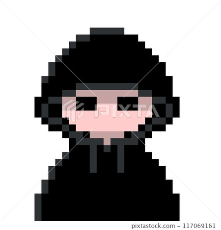 Cute pixel art of a suspicious hacker-esque person wearing a black hoodie with the hood pulled down low 117069161
