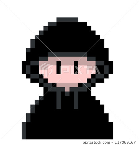一個可愛的像素藝術，畫的是一個像黑客一樣的可疑人物，頭上戴著黑色連帽衫的兜帽。 117069167