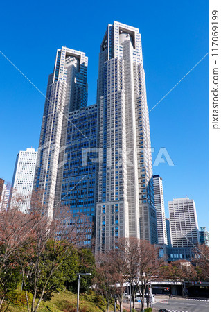 藍天高聳的東京都廳舍（東京都新宿區） 117069199