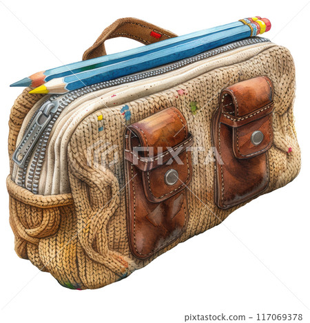 Watercolor for color pencil on sack cloth knitting bag stationary isolated on white background clip art element illustration. Back to school concept 117069378
