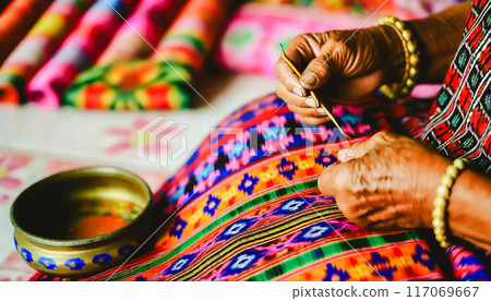Master weaver is weaving the tapestry with diverse bright threads, close up. Artisanal at work. 117069667