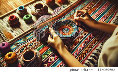 Master weaver is weaving the tapestry with diverse bright threads, close up. Artisanal at work. 117069668