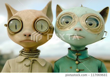 Two anthropomorphic steampunk cats with retro-futuristic goggles, set against a soft, blurred background 117069681