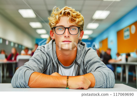 Confident young adult businessman wearing glasses looking at camera in offic 117069690