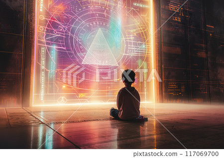 Child sits in front of a glowing, futuristic holographic display featuring intricate geometric shapes and data Child sits in front of a glowing, futuristic holographic display featuring intricate geometric shapes and data 117069700