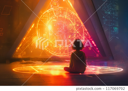 Child sits in front of a glowing, futuristic holographic display featuring intricate geometric shapes and data 117069702