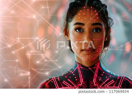 Portrait of a woman symbolically turning into virtual human, virtual character, or digital clone Portrait of a woman symbolically turning into virtual human, virtual character, or digital clone 117069934