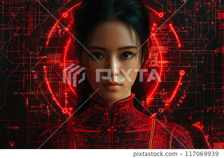 Portrait of a woman symbolically turning into virtual human, virtual character, or digital clone 117069939