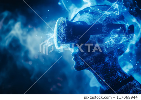 Young beautiful woman wearing a VR headset and experiencing a virtual reality simulation Young beautiful woman wearing a VR headset and experiencing a virtual reality simulation 117069944