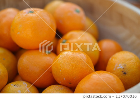 Close up of fresh tangerines in a basket Close up of fresh tangerines in a basket 117070016