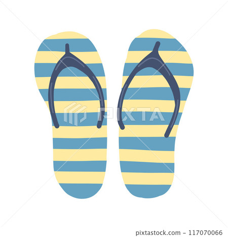 Illustrated flip-flops with blue and yellow stripes, perfect for summer themes. Simple and stylish footwear ideal for beach, pool, and vacation designs. Casual, trendy, and colorful Illustrated flip-flops with blue and yellow stripes, perfect for summer themes. Simple and stylish footwear ideal for beach, pool, and vacation designs. Casual, trendy, and colorful 117070066