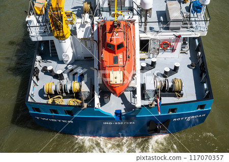 Nijmegen, Gelderland, The Netherlands, July 11, 2024 - High angle view of the LPG tanker Twister from Rotterdam 117070357