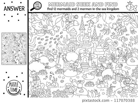 Vector mermaid black and white searching game with fairytale ocean kingdom landscape and palace. Spot hidden princess coloring page. Marine line seek and find printable activity for kids 117070388