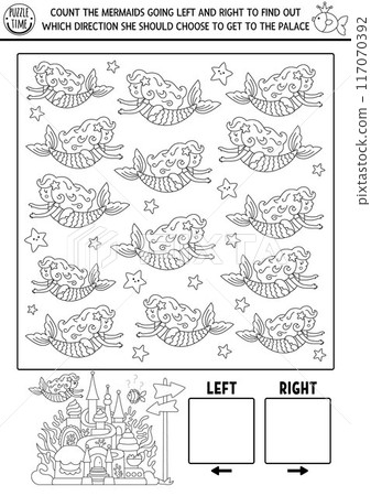 Mermaid logic black and white game with right and left concept for kids. I spy searching, counting activity with sea princess. Ocean kingdom printable space orientation worksheet, coloring page Mermaid logic black and white game with right and left concept for kids. I spy searching, counting activity with sea princess. Ocean kingdom printable space orientation worksheet, coloring page 117070392
